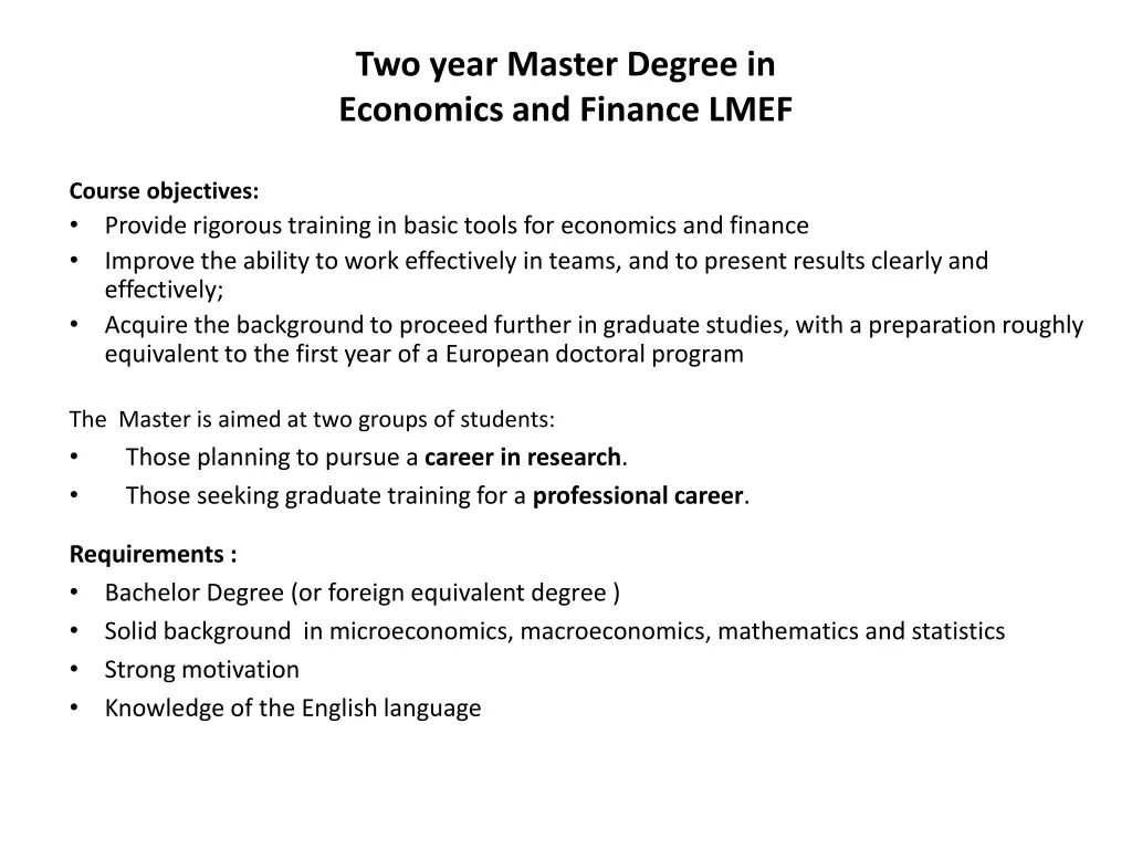 two year master degree in economics and finance 1