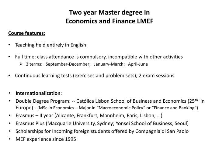 two year master degree in economics and finance