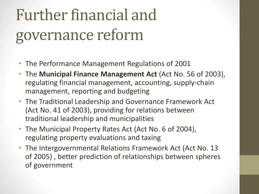 further financial and governance reform