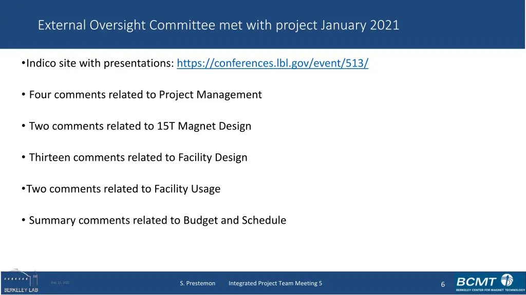 external oversight committee met with project