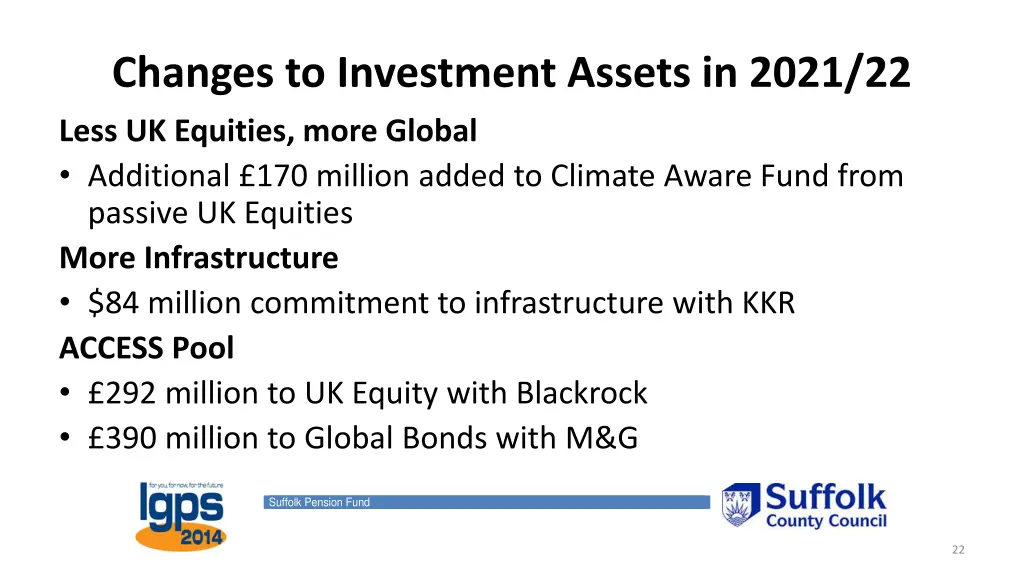 changes to investment assets in 2021 22 less