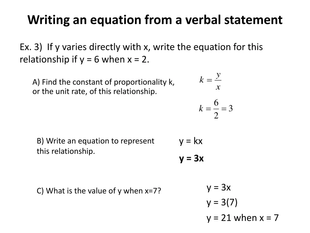 writing an equation from a verbal statement