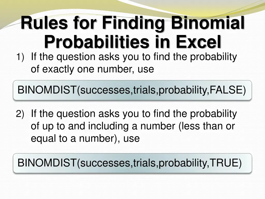 rules for finding binomial probabilities in excel