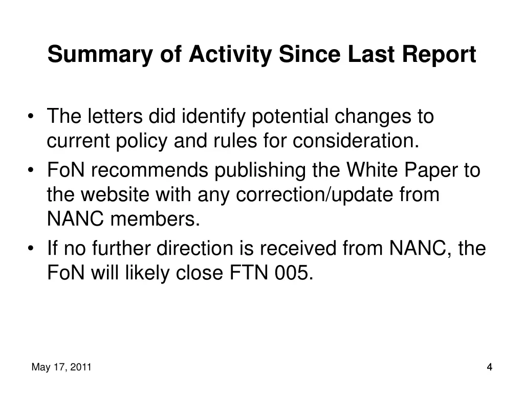 summary of activity since last report 2