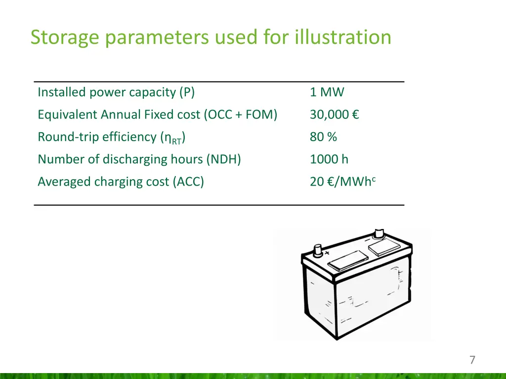 storage parameters used for illustration