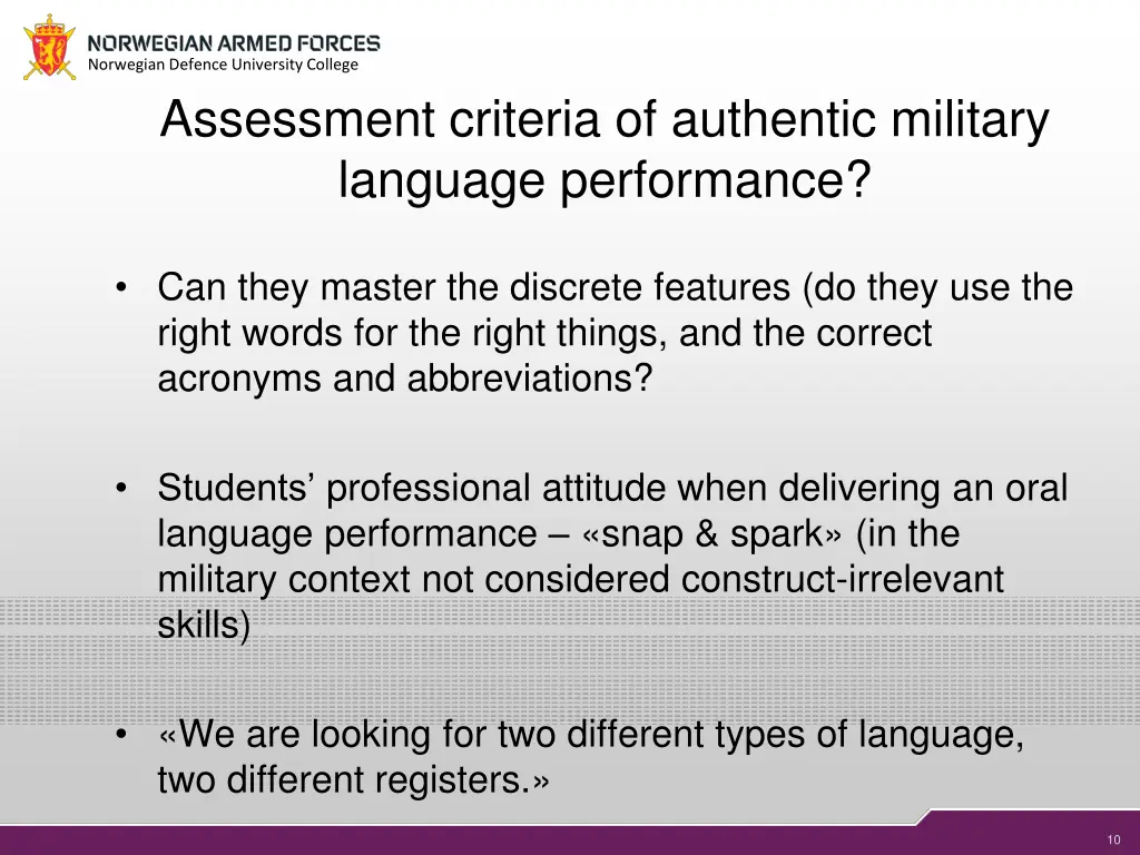 norwegian defence university college assessment