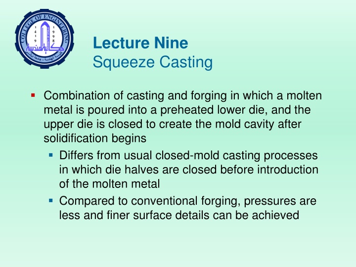 lecture nine squeeze casting
