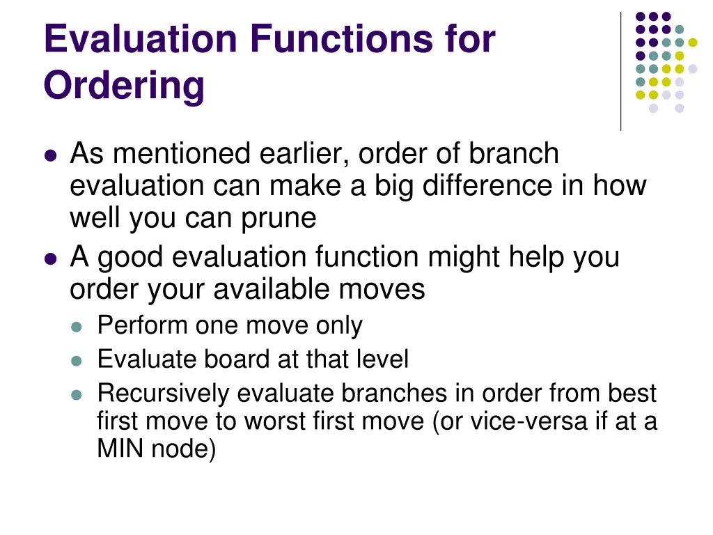 evaluation functions for ordering