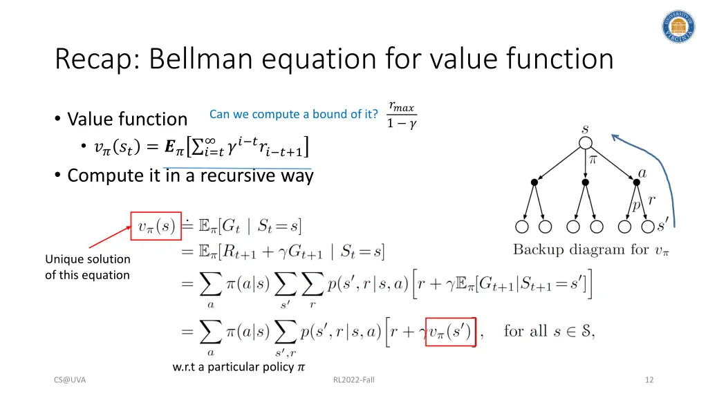 recap bellman equation for value function