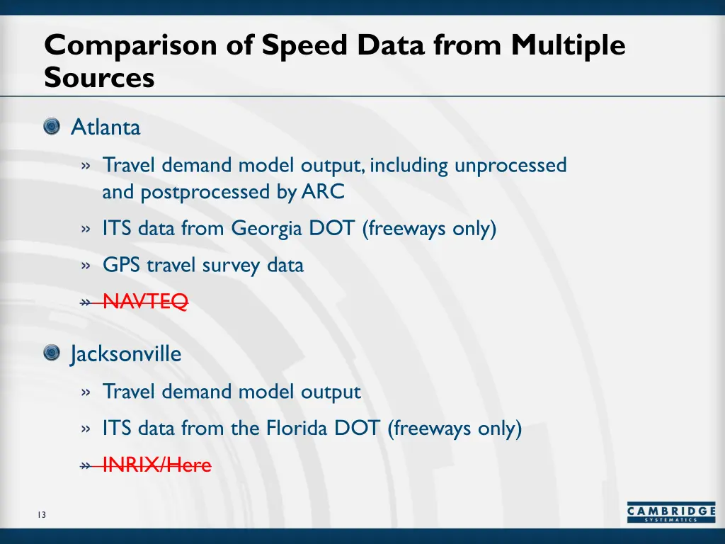 comparison of speed data from multiple sources