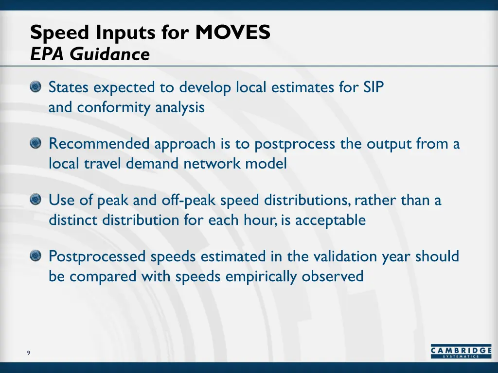speed inputs for moves epa guidance