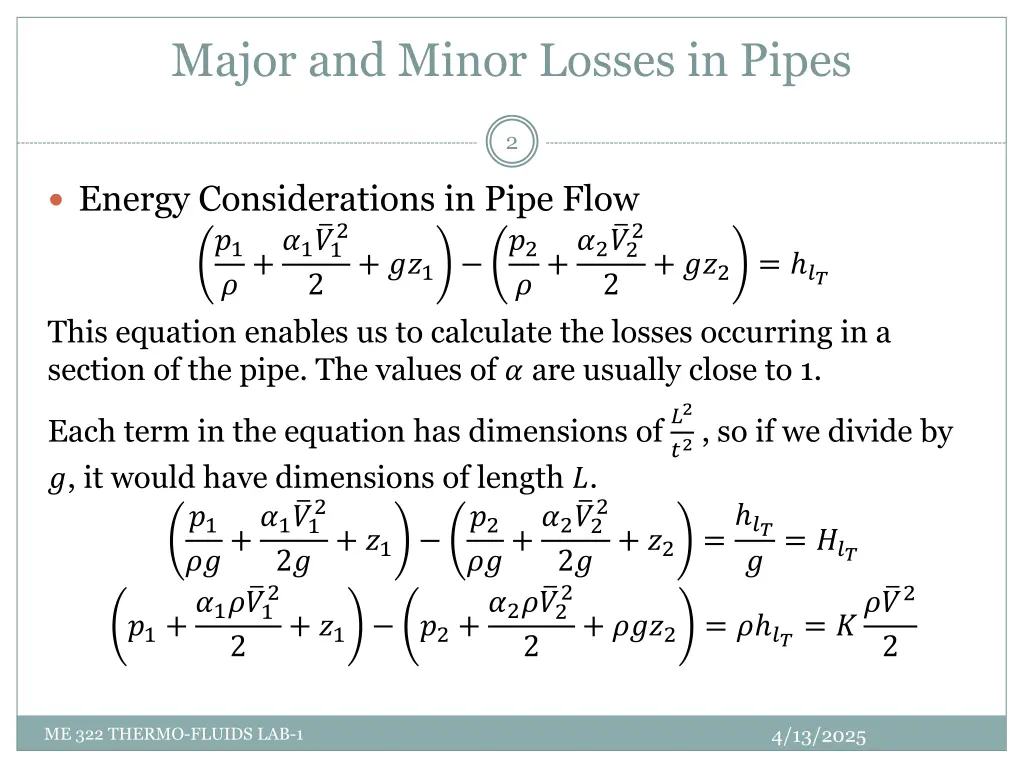 major and minor losses in pipes 1