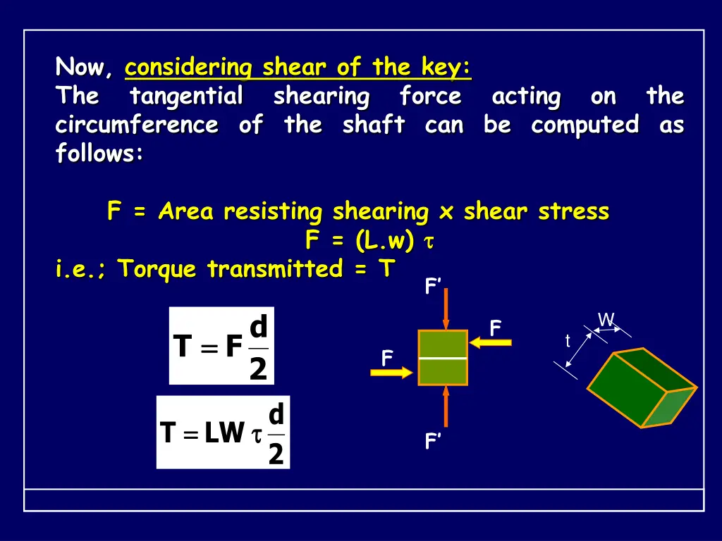 now considering shear of the key the tangential