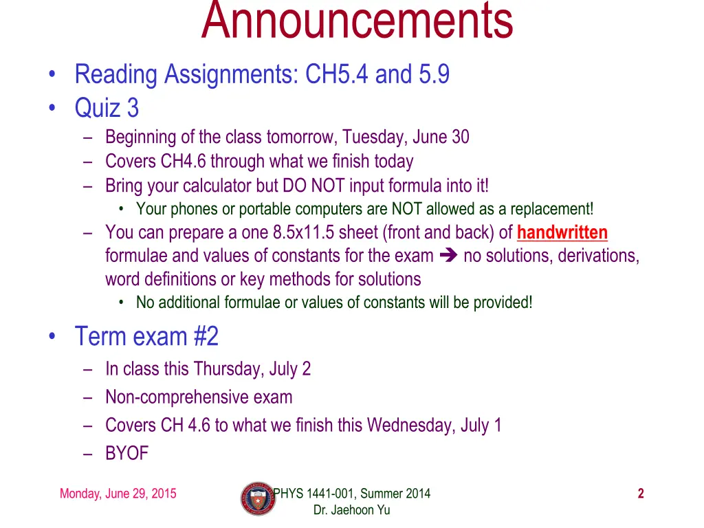announcements reading assignments