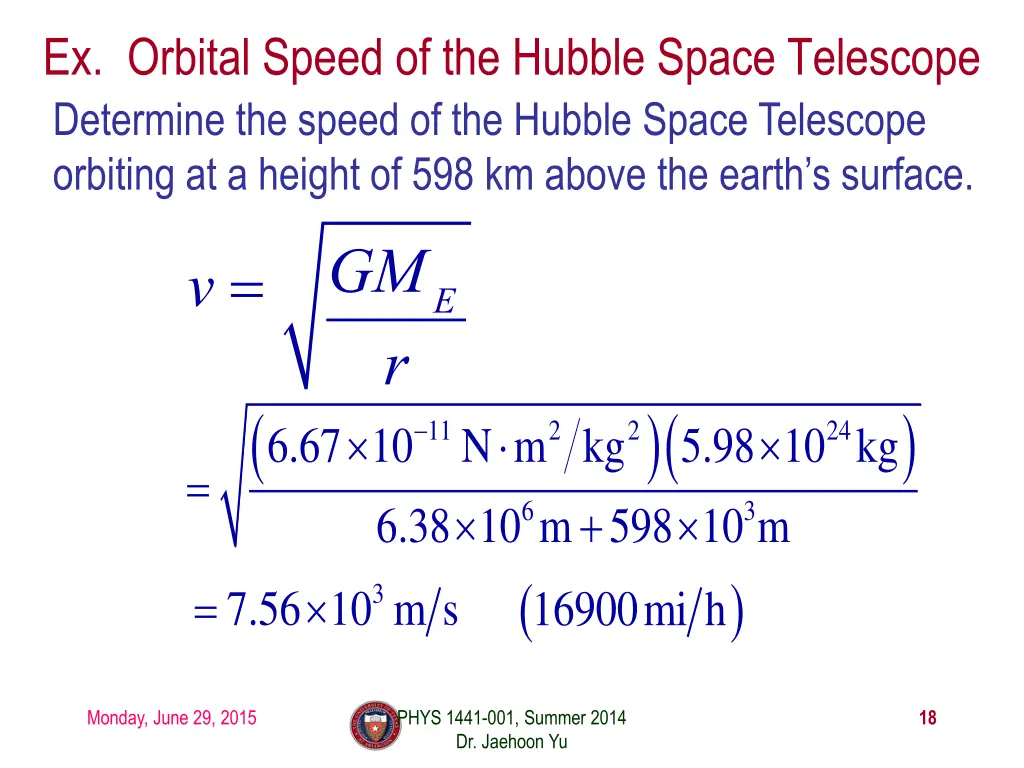 ex orbital speed of the hubble space telescope