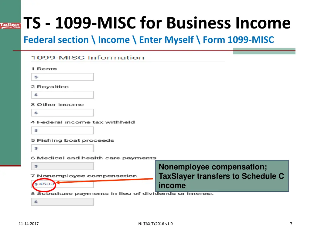 ts 1099 misc for business income federal section