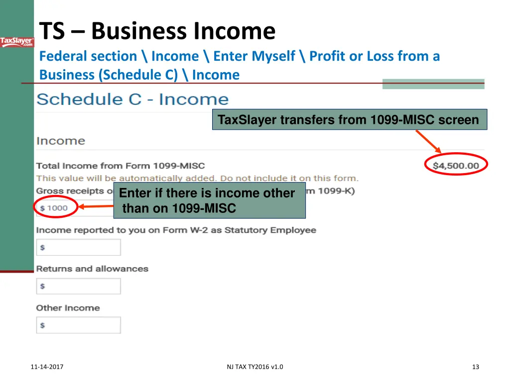 ts business income federal section income enter
