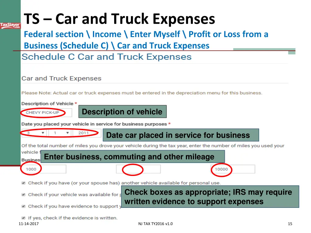 ts car and truck expenses federal section income