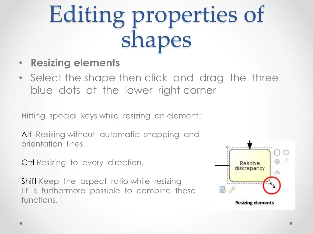 editing properties of shapes resizing elements