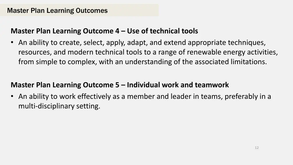 master plan learning outcomes 2