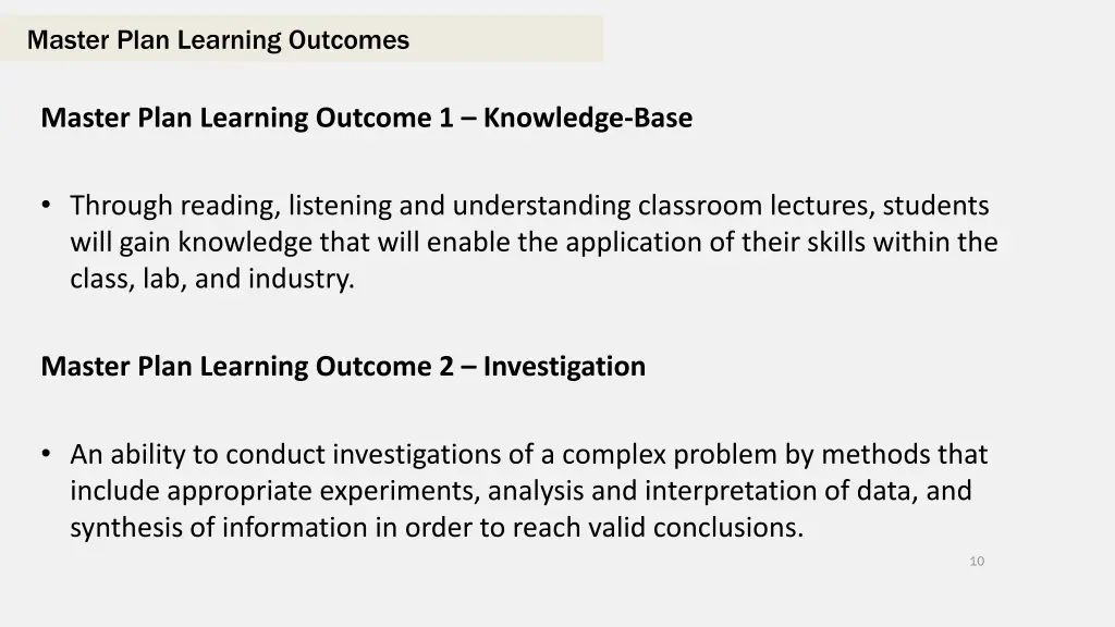 master plan learning outcomes