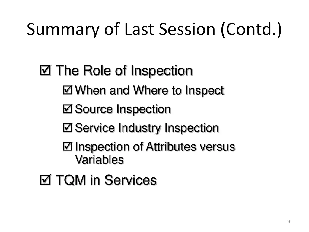 summary of last session contd