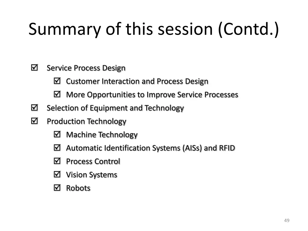 summary of this session contd