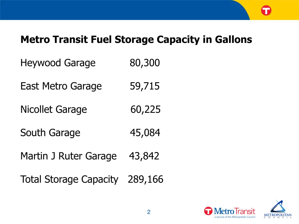 metro transit fuel storage capacity in gallons