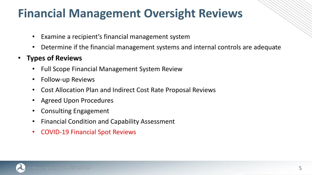 financial management oversight reviews