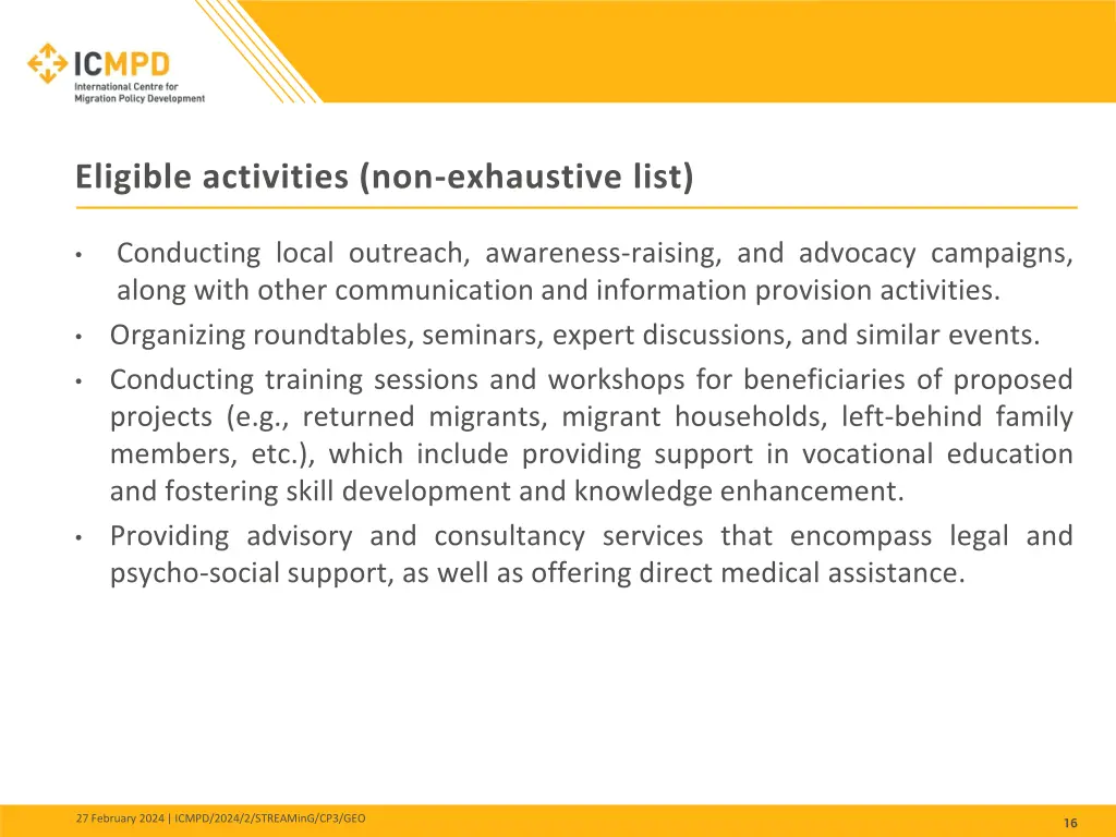eligible activities non exhaustive list