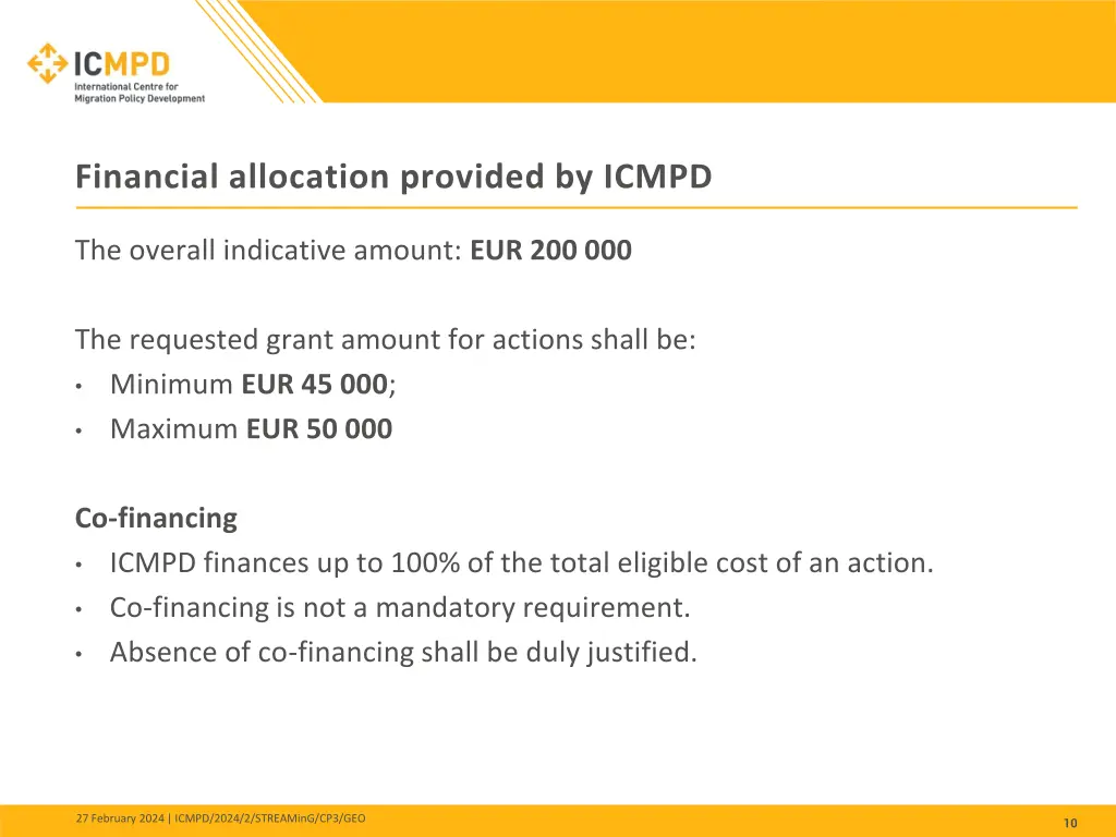 financial allocation provided by icmpd