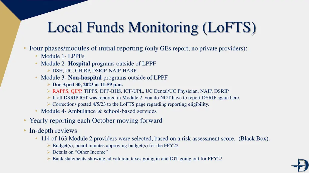 local funds monitoring lofts