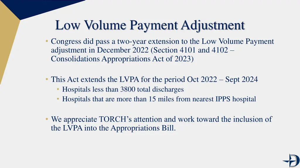low volume payment adjustment