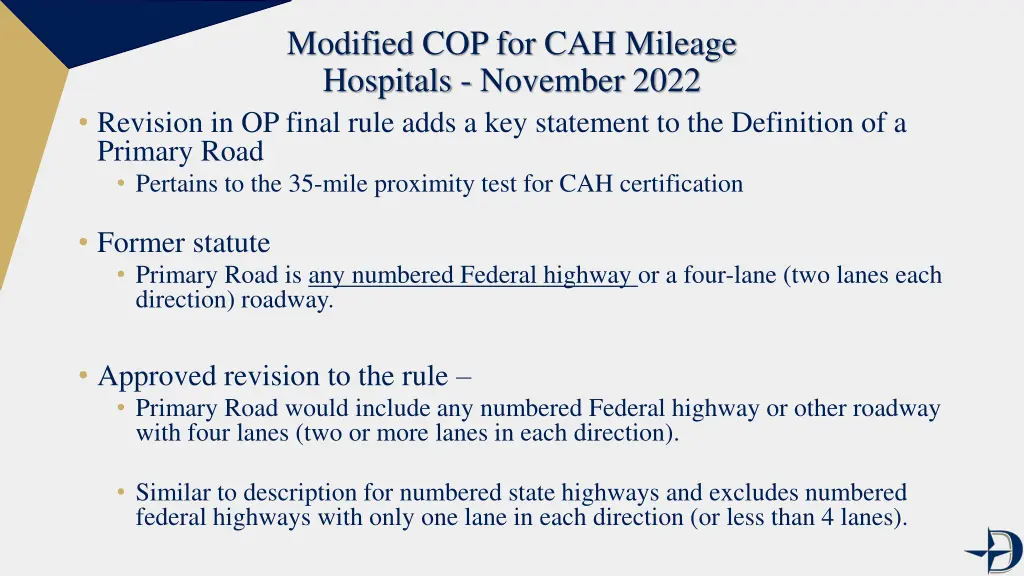modified cop for cah mileage hospitals november