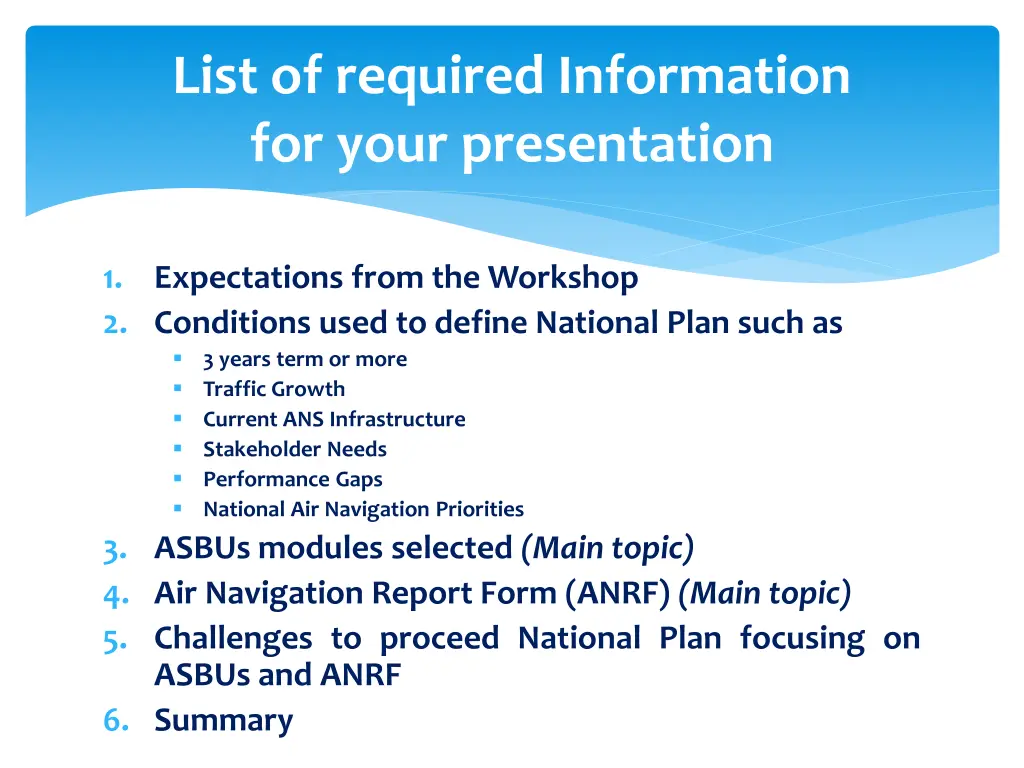 list of required information for your presentation