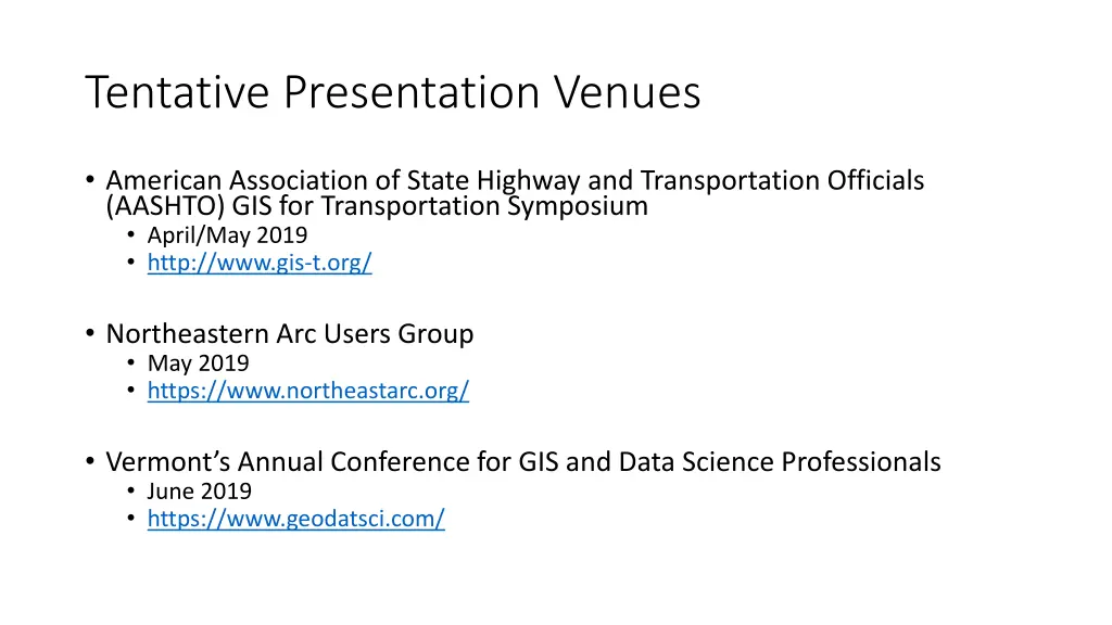 tentative presentation venues