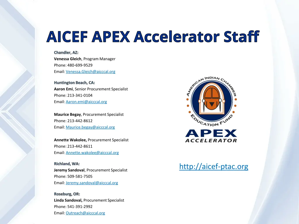 aicef apex accelerator staff