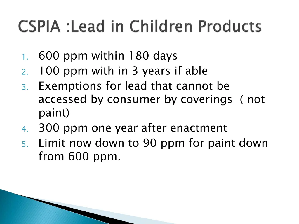 1 600 ppm within 180 days 2 100 ppm with