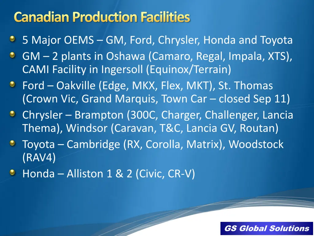 canadian production facilities