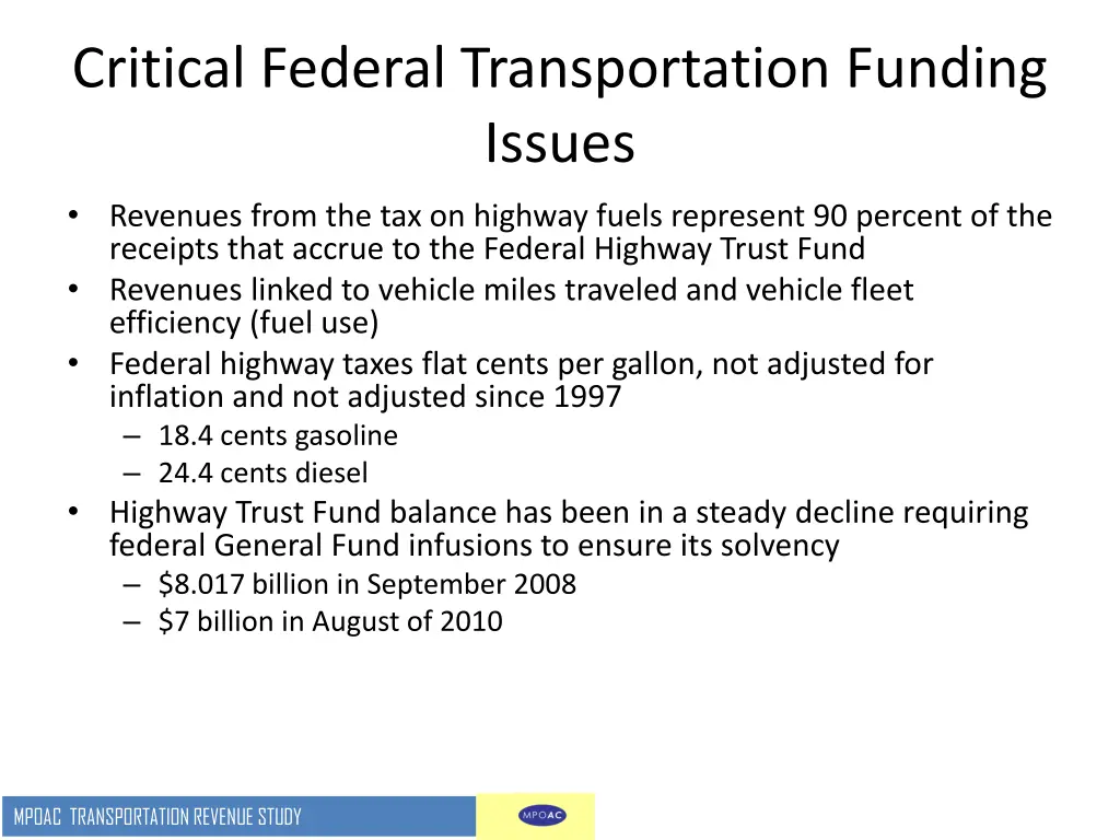 critical federal transportation funding issues