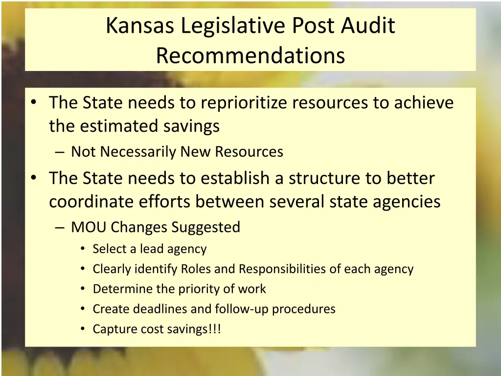 kansas legislative post audit recommendations