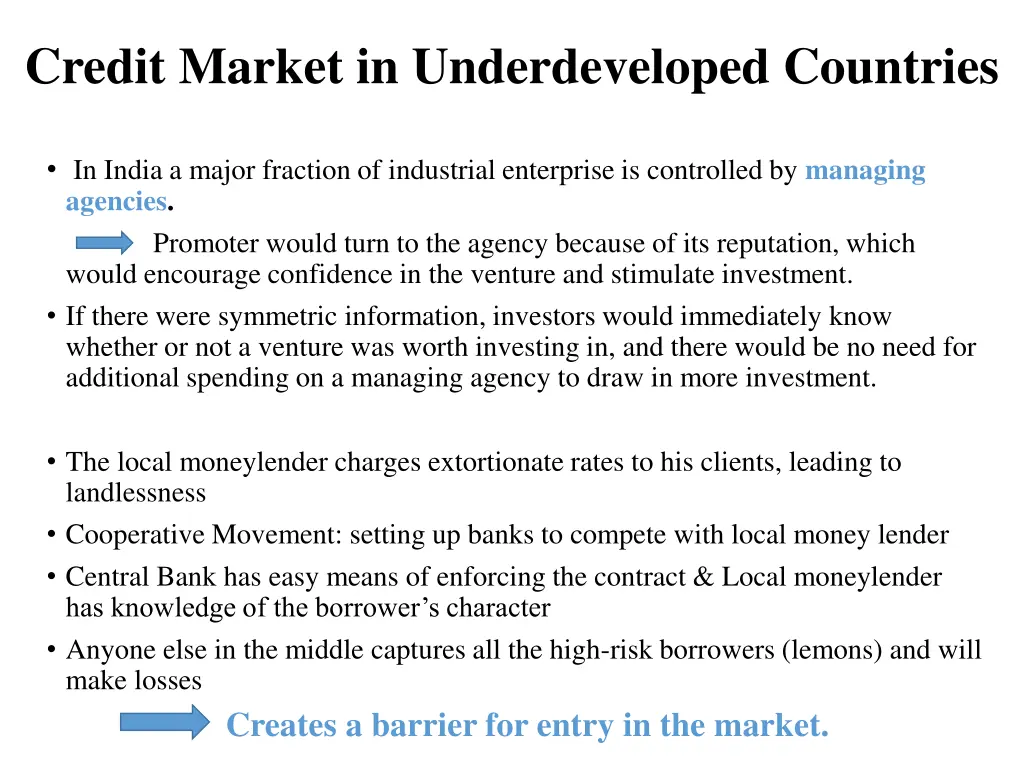 credit market in underdeveloped countries