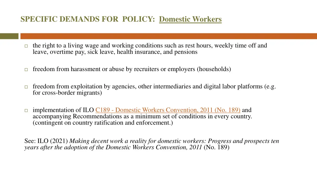 specific demands for policy domestic workers