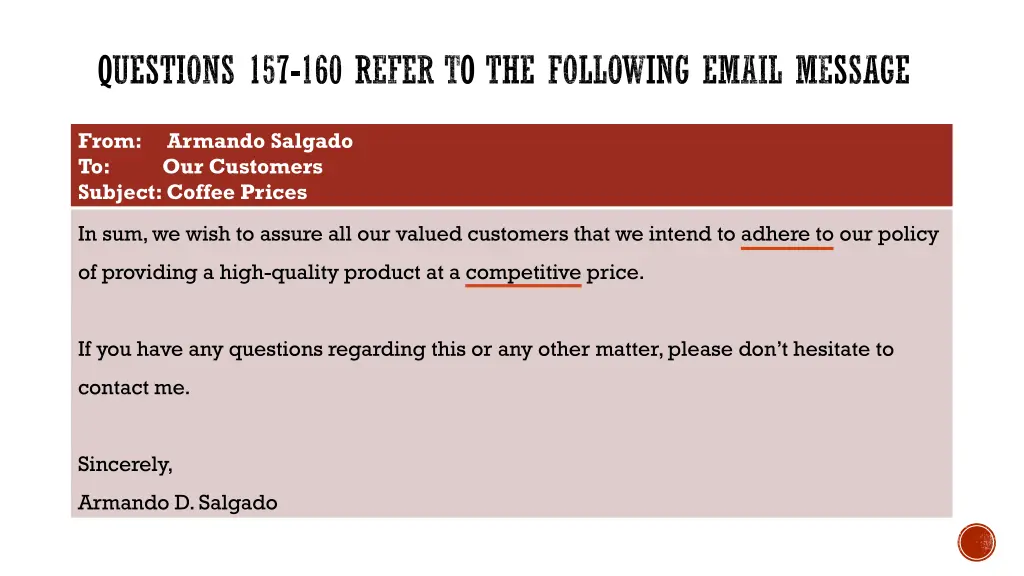 questions 157 160 refer to the following email 1