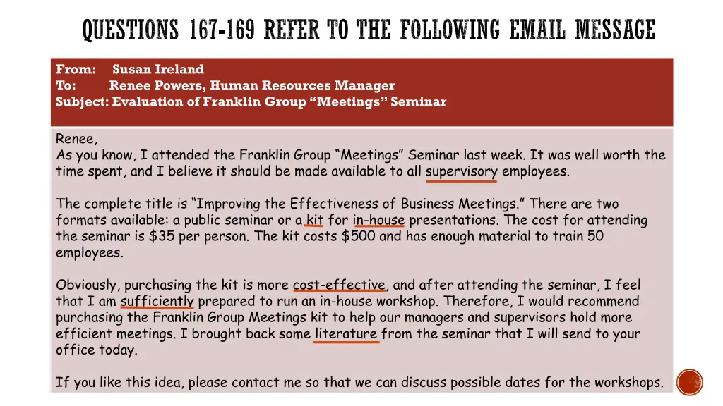 questions 167 169 refer to the following email