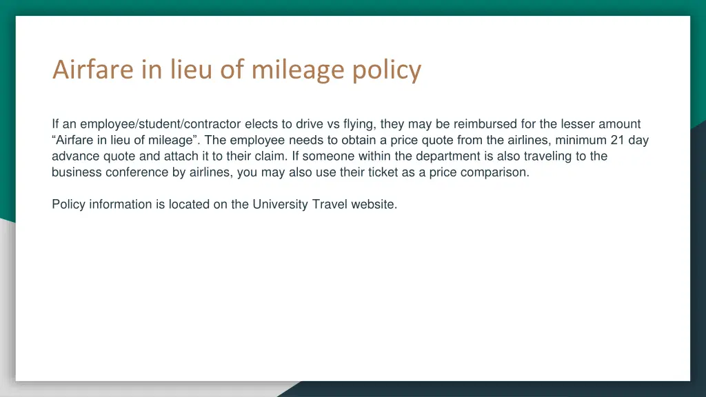 airfare in lieu of mileage policy