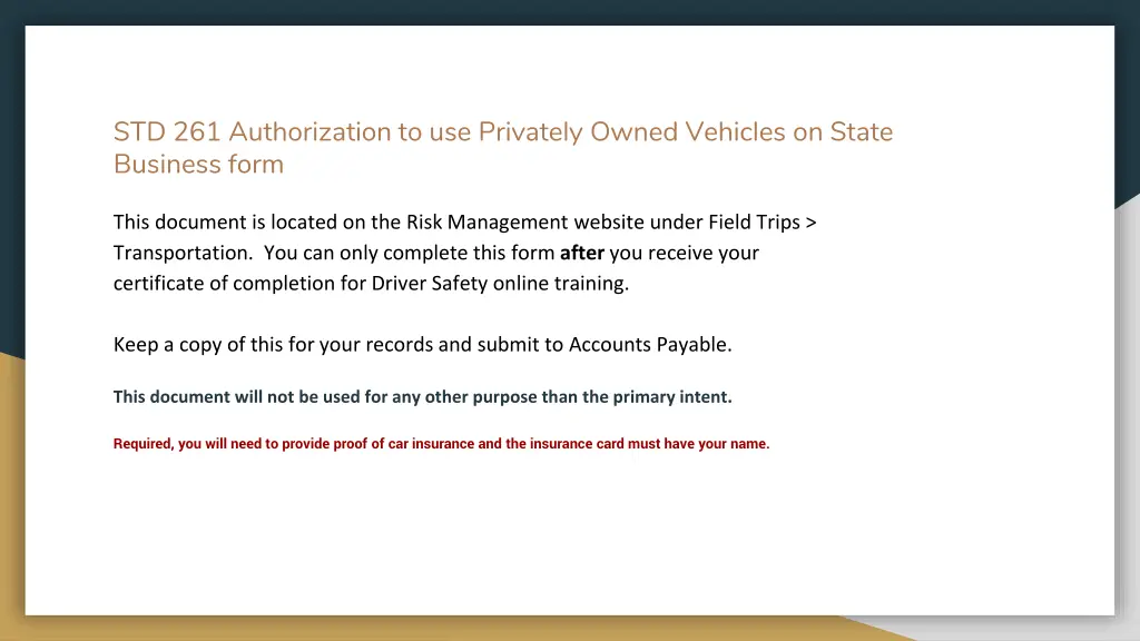 std 261 authorization to use privately owned
