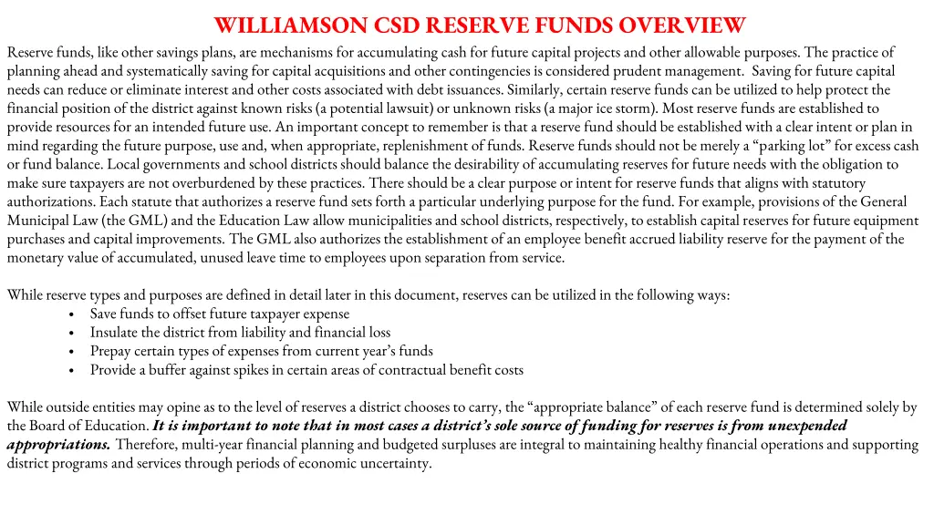 williamson csd reserve funds overview reserve