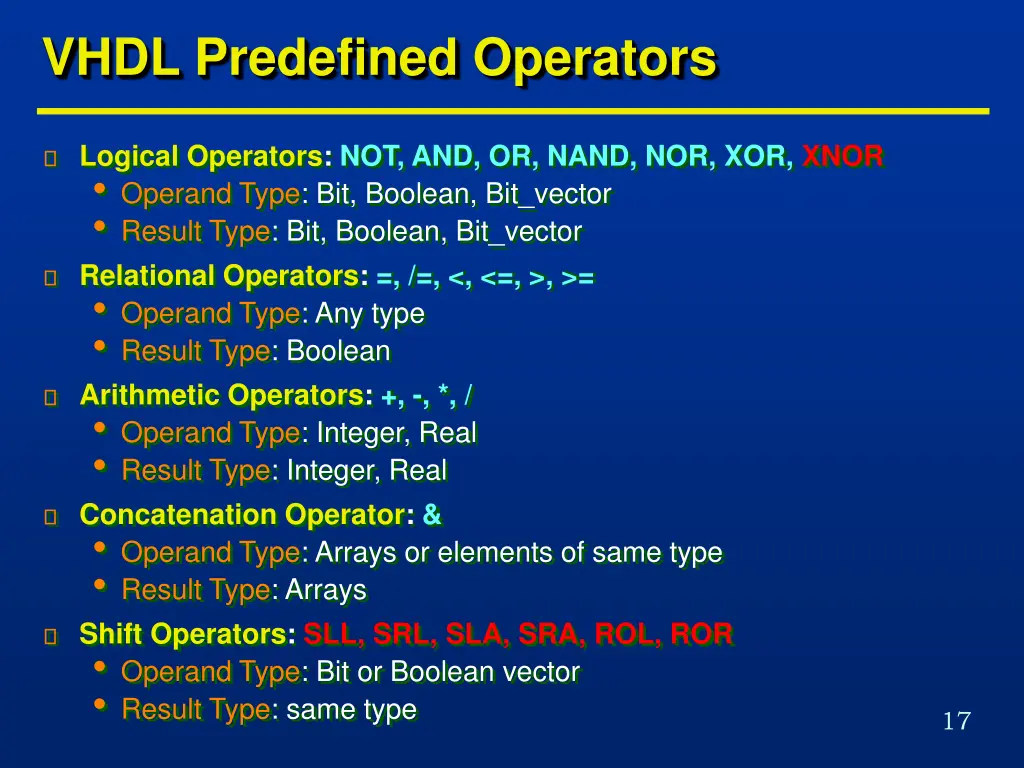 vhdl predefined operators