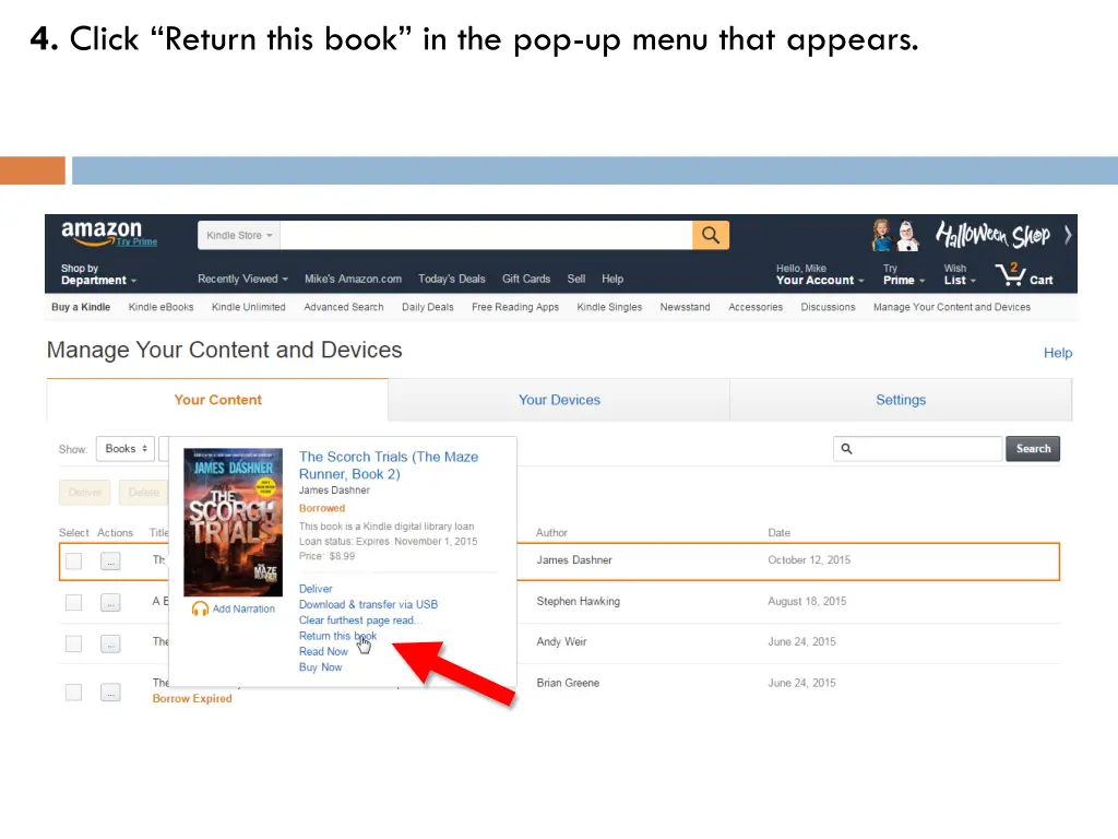 4 click return this book in the pop up menu that